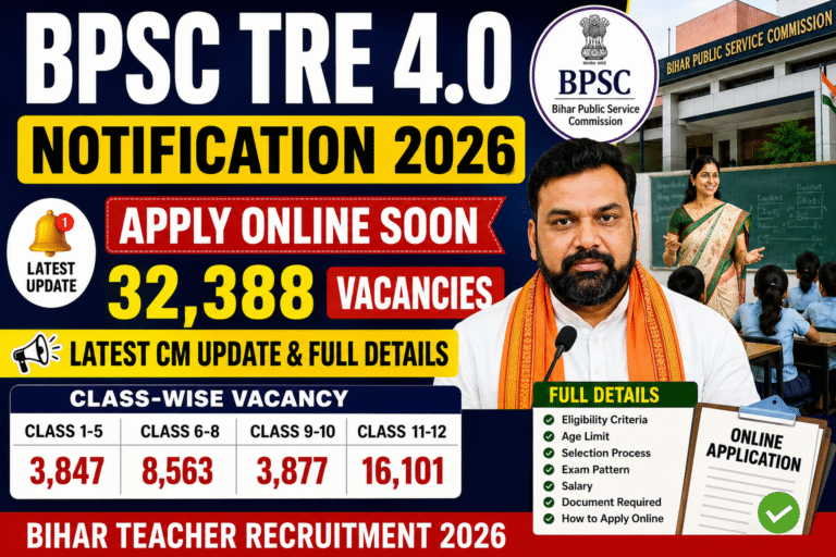 BPSC TRE 4.0 Notification 2026 thumbnail with Samrat Choudhary, 32,388 teacher vacancies, apply online soon, class-wise vacancy and latest update