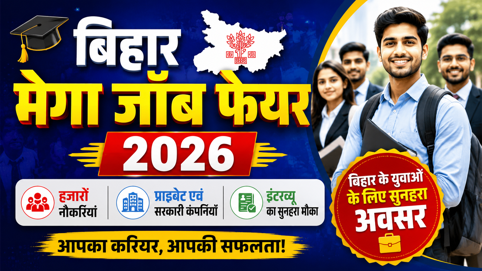 बिहार मेगा जॉब फेयर 2026 का पोस्टर, जिसमें युवाओं के लिए नौकरी के अवसर और रोजगार मेले की जानकारी दिखाई गई है।